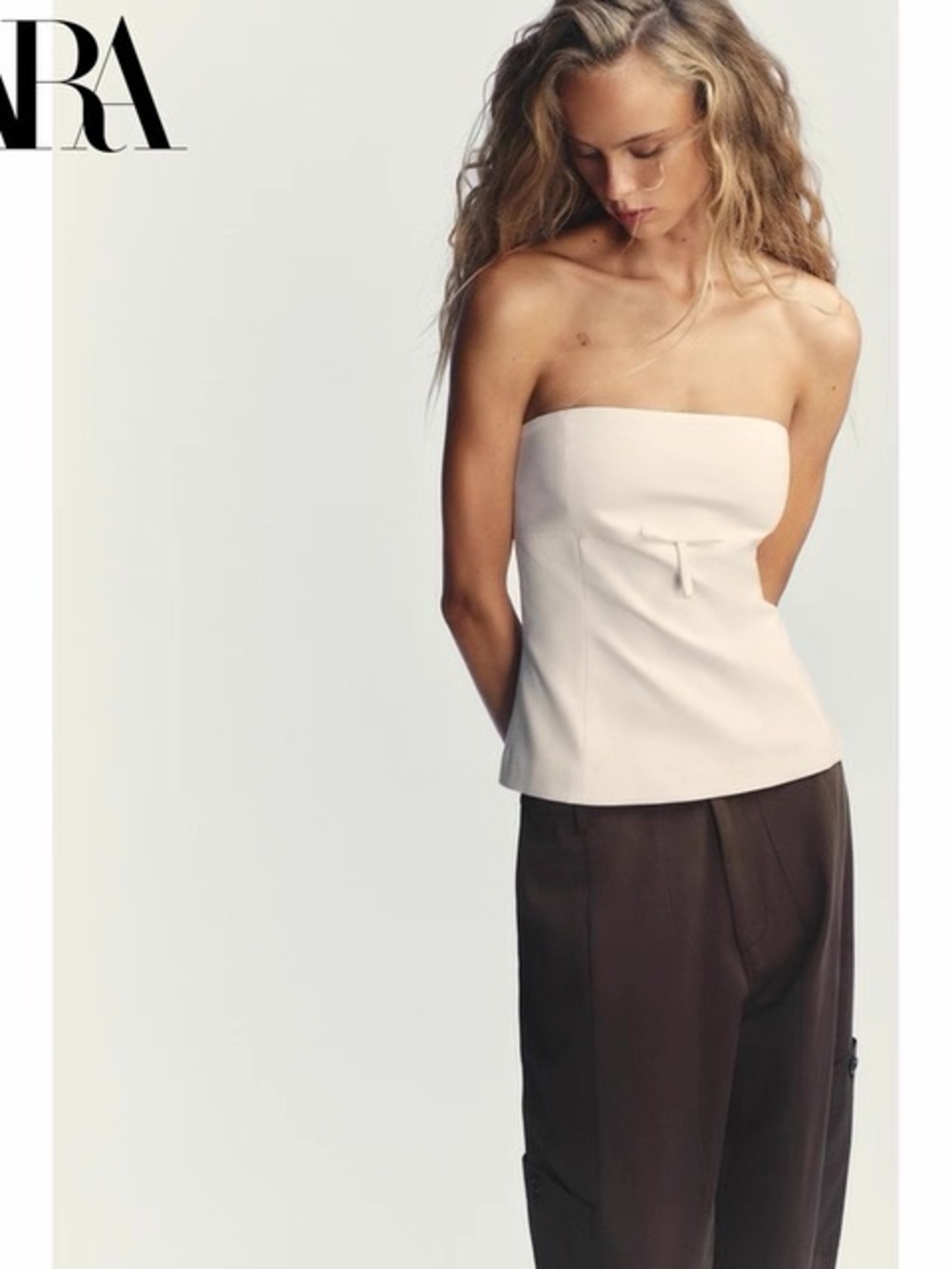 ZARA Cream Strapless Corset Top with Tie Detail